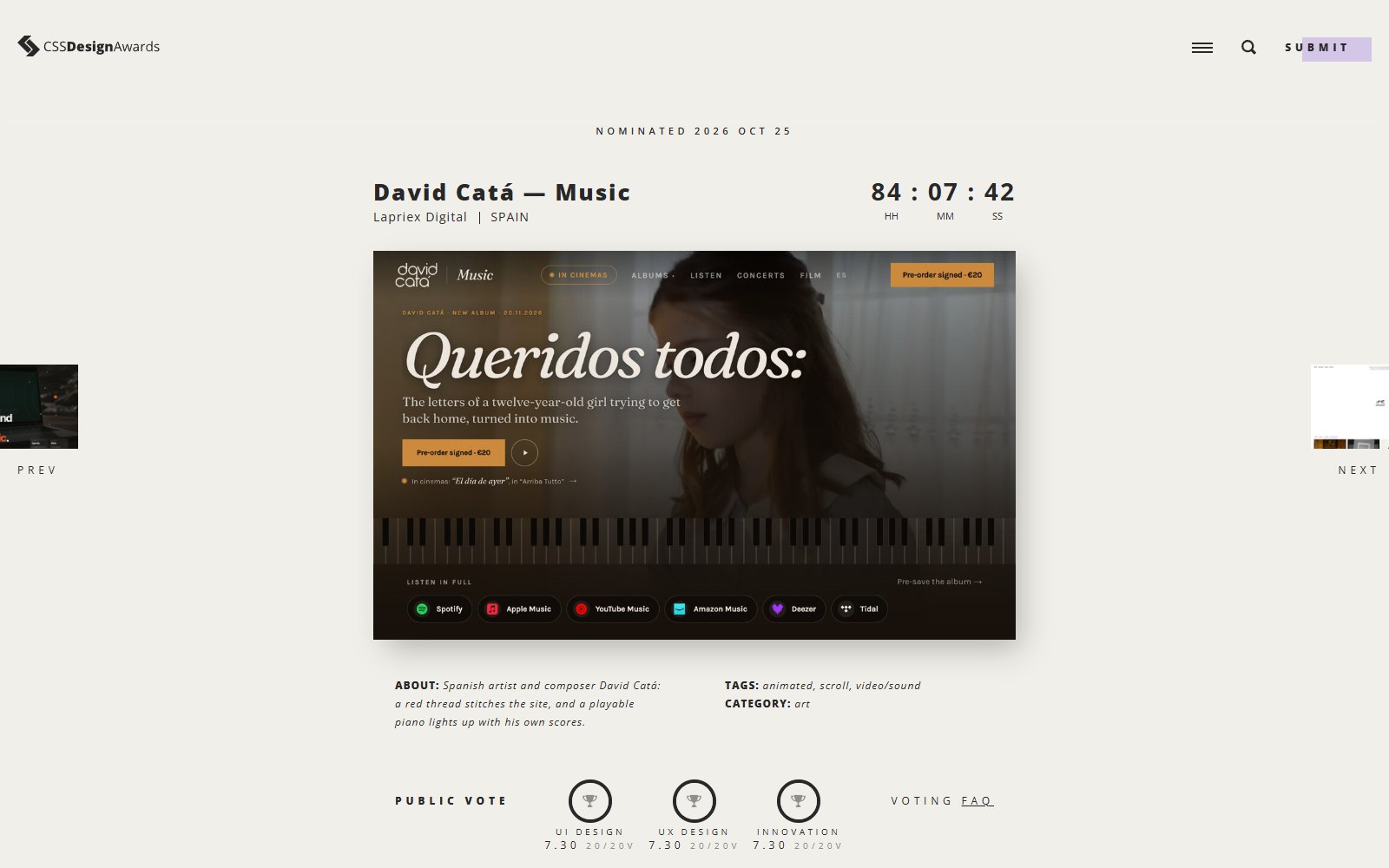 Página de la nominación de «David Catá — Music» en CSS Design Awards, con los créditos a Lapriex Digital