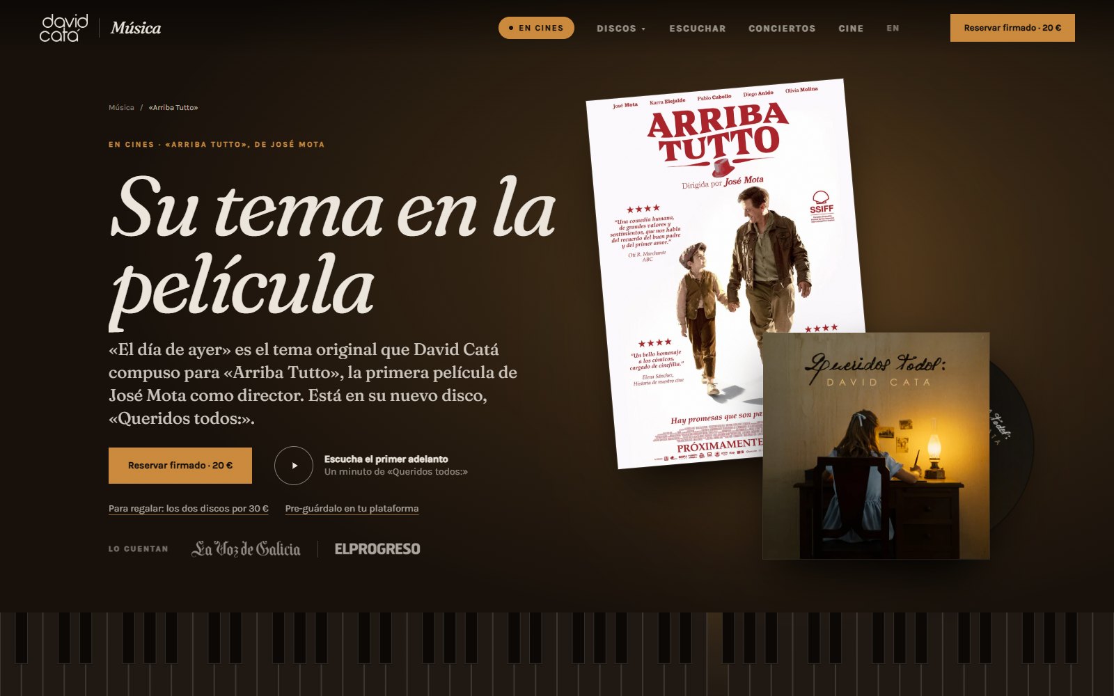 Página de «Arriba Tutto» en la web de David Catá, con el cartel de la película y la reserva del disco