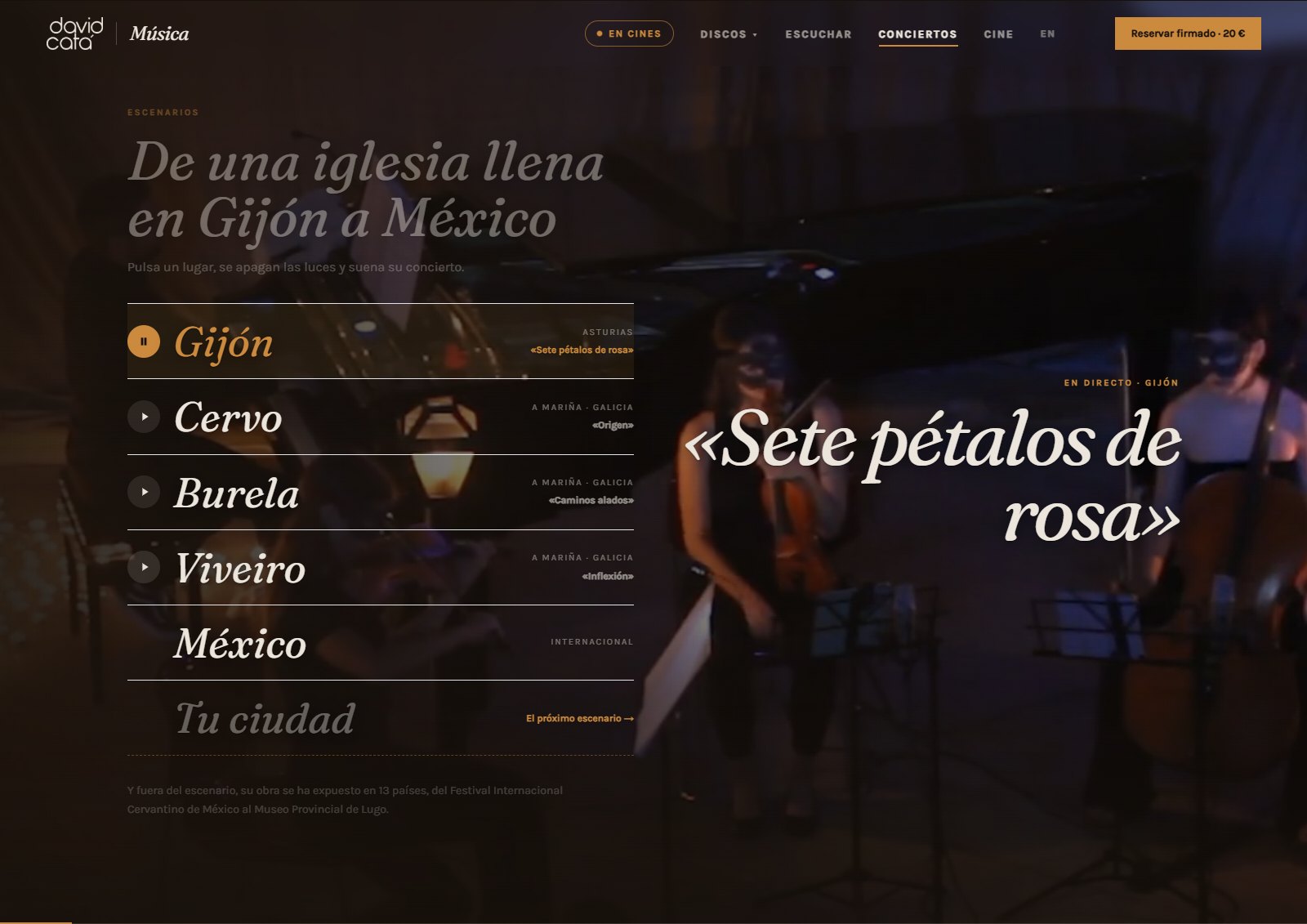 Sección Escenarios de la web de David Catá con el concierto de Gijón reproduciéndose