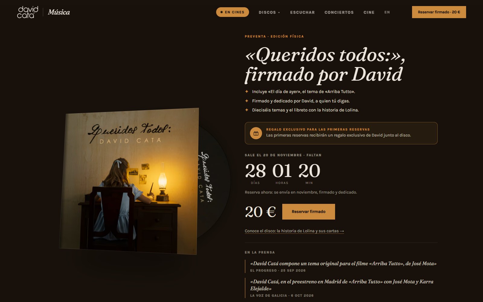 Bloque de reserva del CD «Queridos todos:» firmado por David Catá, con cuenta atrás hasta el 20 de noviembre