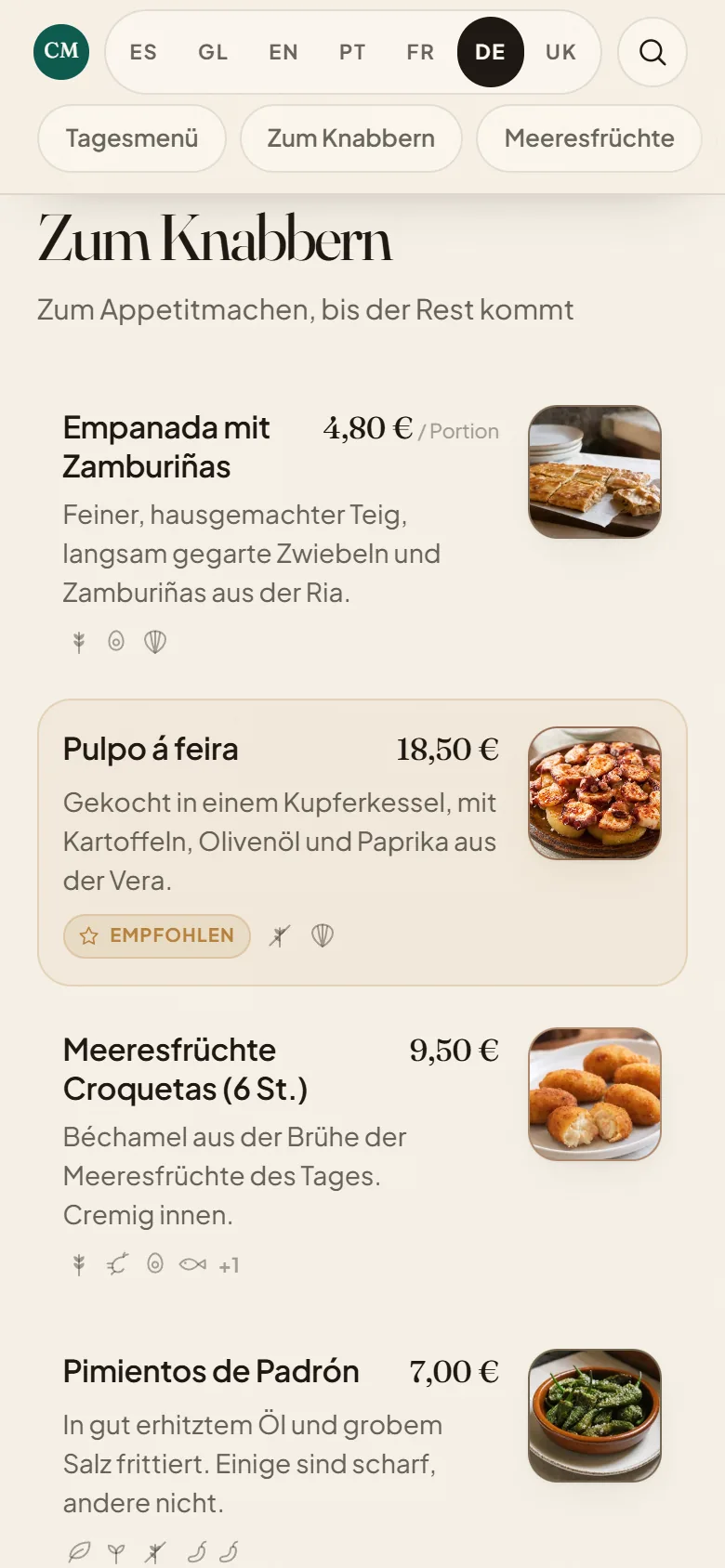 Carta digital QR en el móvil: la misma carta, en alemán