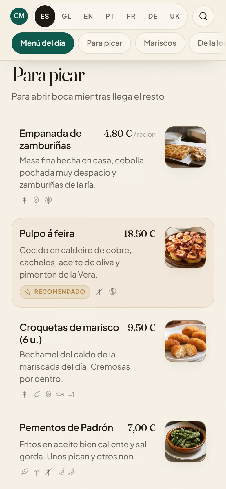 Carta digital QR en el móvil: cada plato, con su foto y sus alérgenos