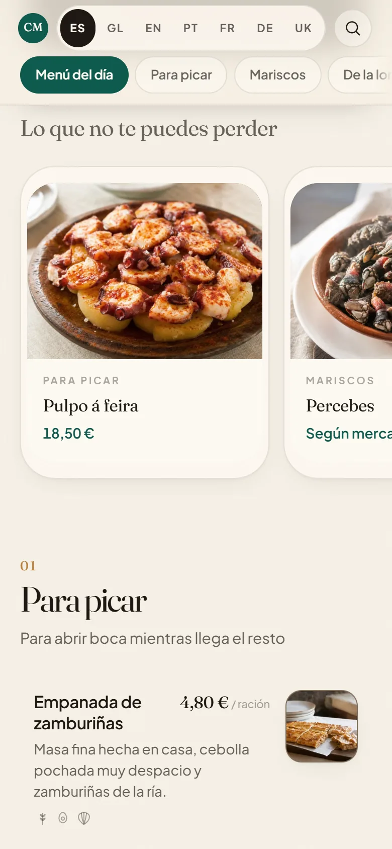 Carta digital QR en el móvil, con las fotos de los platos