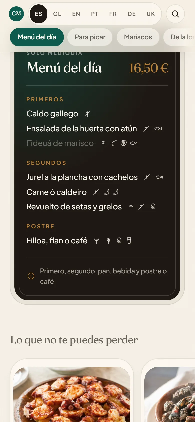 Carta digital QR en el móvil: el menú del día, con su precio