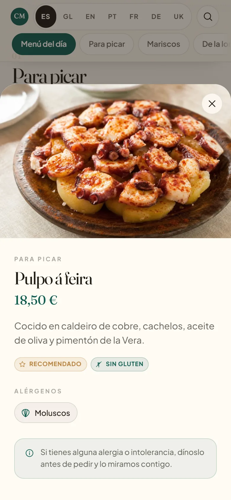 Carta digital QR en el móvil: se abre y se ve como en la mesa